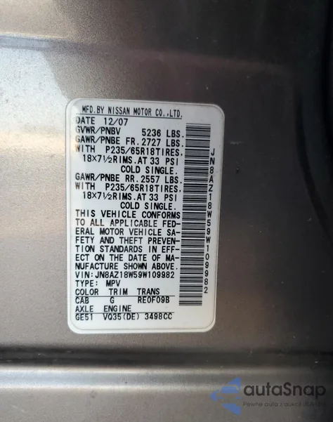 2009 Nissan Murano S z USA, uszkodzony, nr VIN JN8AZ18W59W109982